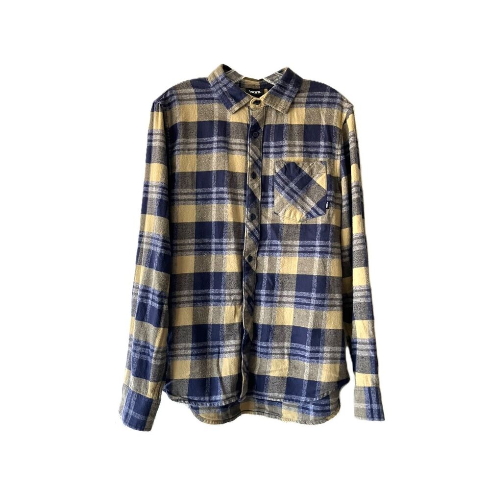 Vans Off The Wall Mens Small Flannel Shirt Plaid Yellow Blue Soft Button Up